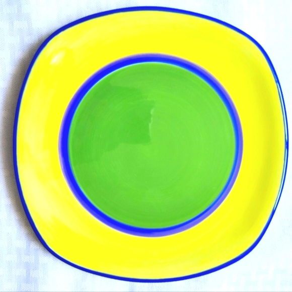 Dansk Caribe Salad Plates Set Of 2 Square Yellow Green with Blue Rim - Picture 2 of 9